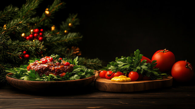 Ukrainian Holodets meat jelly, artistically plated with mustard and horseradish in a festive village setting, [Slavic cold dishes, historic culinary art]