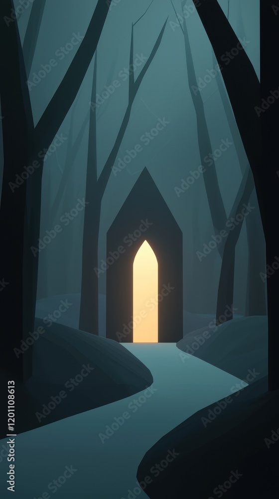 Poster digital illustration of a dark and eerie scene. the background is a foggy forest with tall trees on 