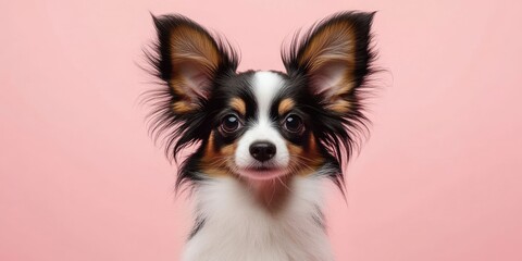 Fototapeta premium Papillon puppy with large ears against a soft pink background, centered, featuring a glossy coat in black, tan, and white colors.