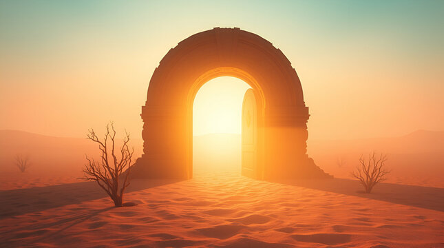 A glowing doorway in an empty desert leads to a vibrant creative world
