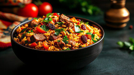 Uzbek Osh Palov pilaf, garnished with lamb and raisins, styled with vibrant Uzbek ceramics and textiles, [Central Asian flavors, iconic dish]