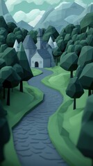 Fototapeta premium Digital illustration of a beautiful landscape with a small white house in the center. the house has a sloping roof and a chimney, and is surrounded by trees on both sides of the road.