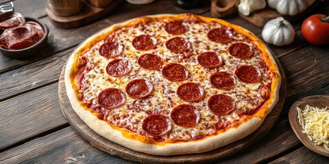 Homemade pepperoni pizza on a rustic wooden table with cheese and tomatoes in the background, featuring a golden crust and vibrant red toppings.