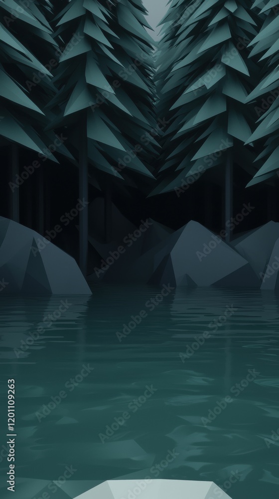 Poster digital illustration of a forest scene. the trees are tall and slender, with a dark green color. the