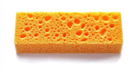 Fototapeta premium Bright orange dishwashing sponge with porous texture set against a clean white background, showcasing its vibrant color and practical design.