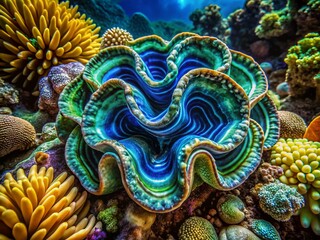 Giant Clam in Coral Reef - Olive Green and Blue Underwater Macro Photography