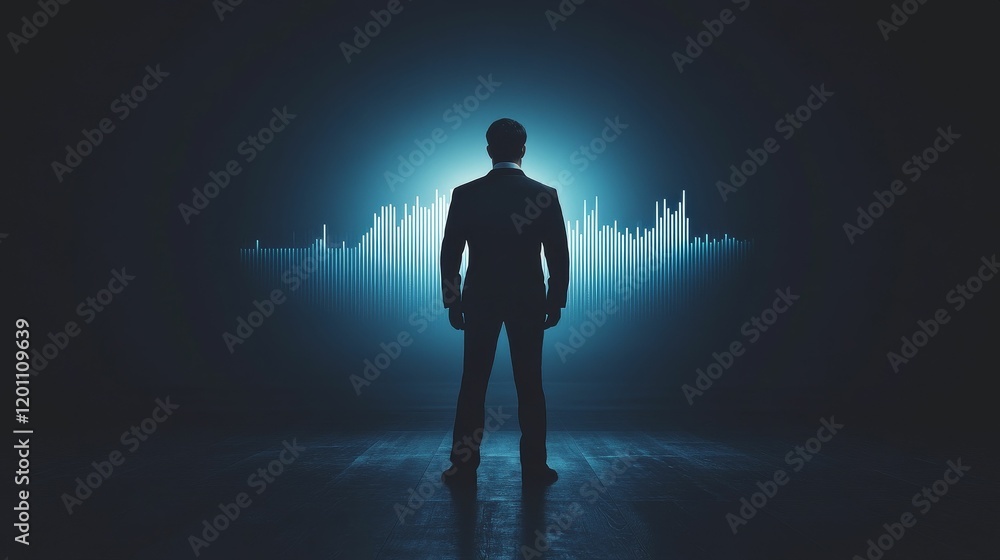 Poster silhouetted figure faces illuminated graph data visualization.