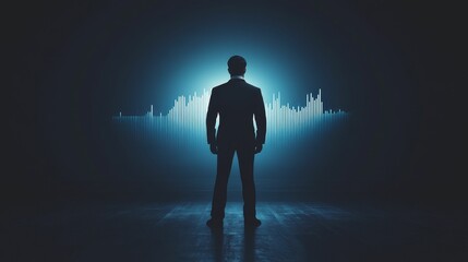 Fototapeta premium Silhouetted figure faces illuminated graph data visualization.