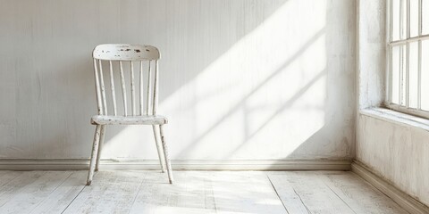 Vintage white wooden chair positioned to the left in a light-filled, minimalistic room with soft shadows on the pale wooden floor.