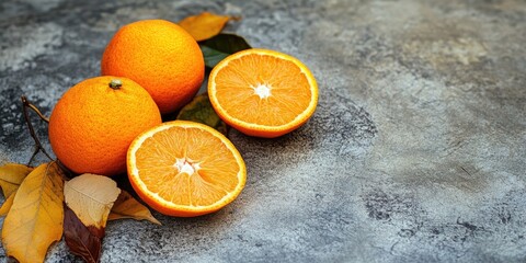 Fresh oranges with bright orange peel and juicy pulp arranged on a textured gray stone background, accompanied by autumn leaves for a warm touch.