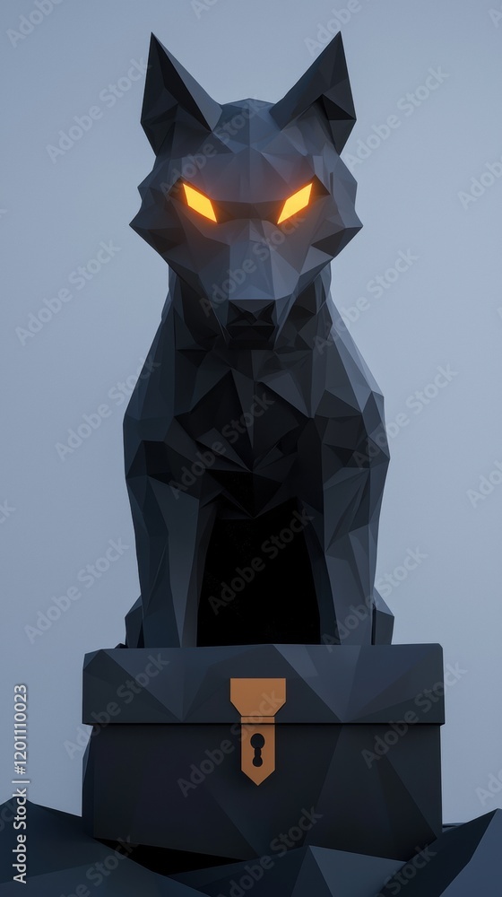 Poster digital illustration of a black cat sitting on top of a small black box with a lock on it. the cat i