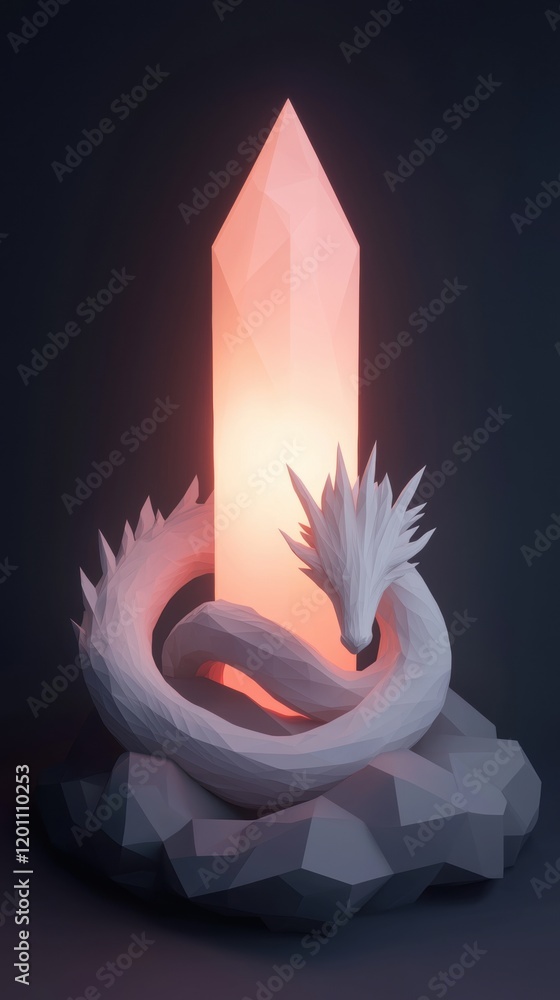 Poster digital illustration of a crystal with a white dragon on top of it. the crystal is in the shape of a