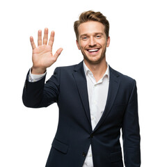 Happy Businessman Waving Hand Smiling Portrait Studio wave suit white black model image formal      