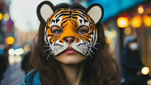 Quadrobics, quads. Teenage girl wearing a tiger cat mask. Quadrober youth subculture concept. Blog, social media, or news article. Child in an animal furry mask walking outdoors. Quadrobeast Lifestyle