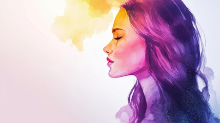 Fototapeta premium Glitter watercolor idea. A serene portrait of a woman, embodying tranquility through vibrant watercolor hues.