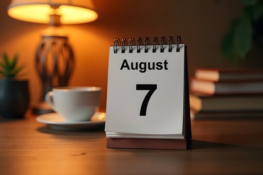 A calendar page flipping to August 7, set in a cozy desk scene.