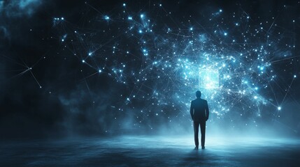 Man facing blue connected glowing network with fog.