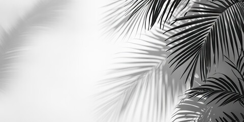 Black and white silhouette of palm leaf shadows on a soft gray background with light reflections creating an abstract tropical interior aesthetic