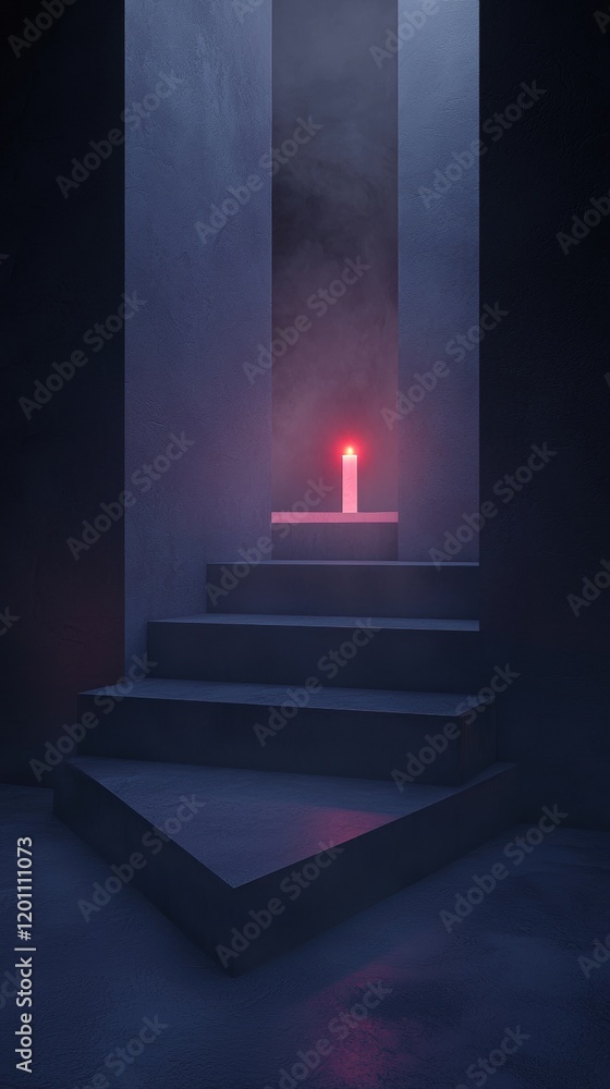 Poster set of stairs leading up to a small window in a dark room. the stairs are made of concrete and are a