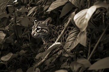 A striking image of an ocelot prowling through dense undergrowth, spotted coat camouflaged.