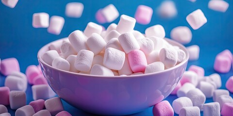 Cascading pink and white marshmallows spill from a deep white bowl onto a vivid blue background representing unhealthy eating habits and risks.