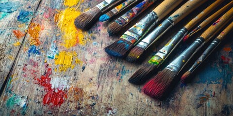 Obraz premium Vibrant brushes with multicolored paint on a rustic wooden table with splashes of color, arranged diagonally for a dynamic artistic composition.