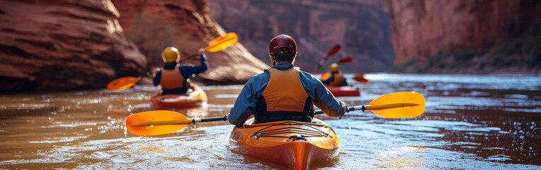 Group of friends paddling kayaks down a beautiful river, enjoying the warm weather and scenic rock formations reflected in the water. It’s a perfect day for adventure