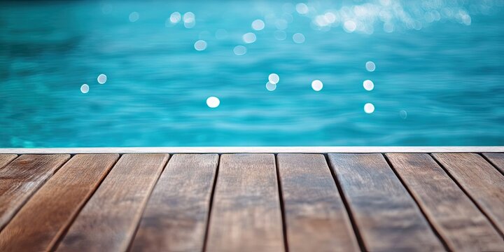 Wooden outdoor table edge in focus beside a vibrant blurred swimming pool with sparkling blue water and soft bokeh reflections in background