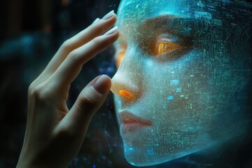 Translucent face blends with digital elements, highlighting emot