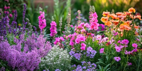 Obraz premium Colorful vibrant garden with pink, purple, and orange flowers in natural setting showcasing lush greenery and bright floral arrangement