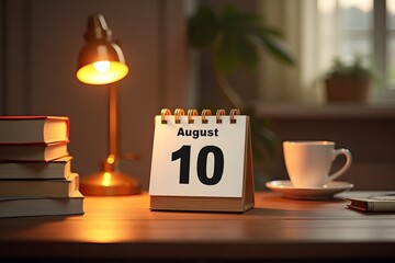 A calendar page flipping to August 10, set in a cozy desk scene.