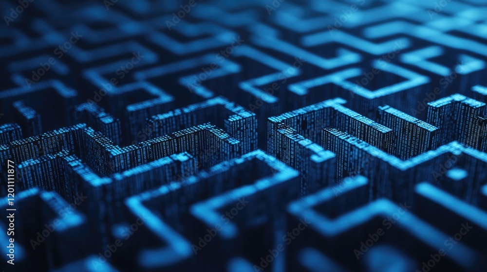 Poster intricate maze design illuminated in blue, showcasing depth and
