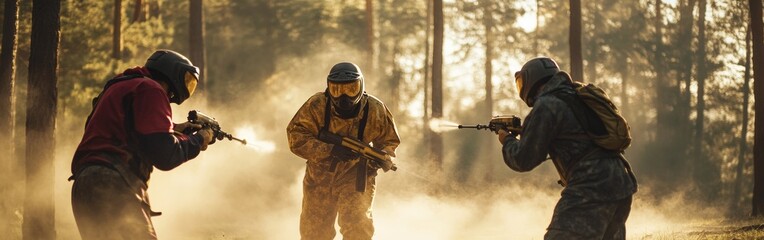 Three friends are immersed in an energetic paintball match within a forest arena