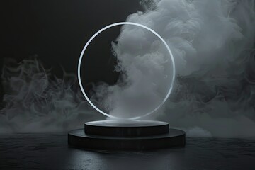 Abstract Black Podium with Smoke and Circle on Dark Background for Product Presentation