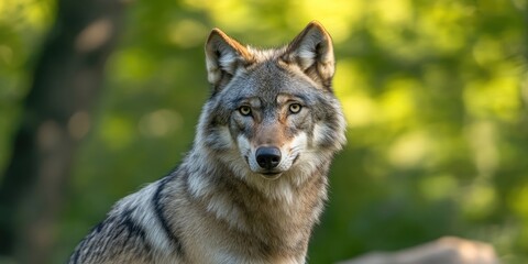 Fototapeta premium Gray wolf Canis lupus portrait in natural summer setting with soft green blurred background highlighting gray fur and alert expression.