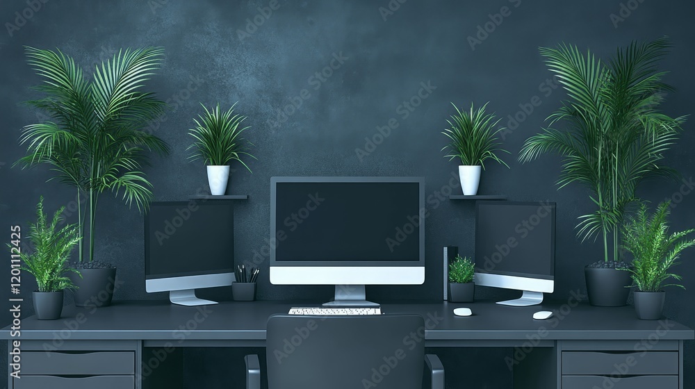 Aufkleber modern dark office workspace with greenery and dual computer setup