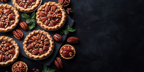 Fototapeta premium Pecan pies and mini tarts arranged on a dark surface with green mint leaves showcasing a top view composition and ample copy space on the right