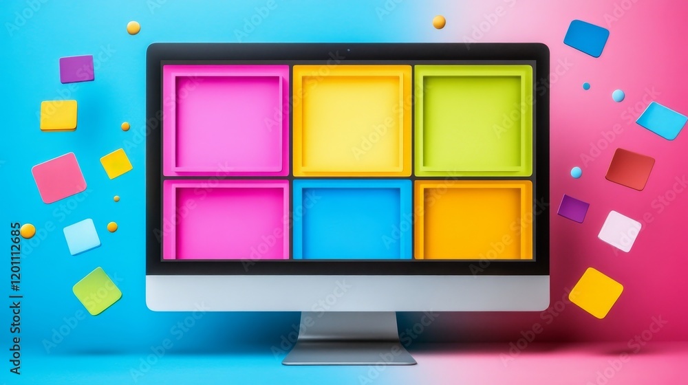Poster colorful computer screen displaying six empty colorful squares and floating notes