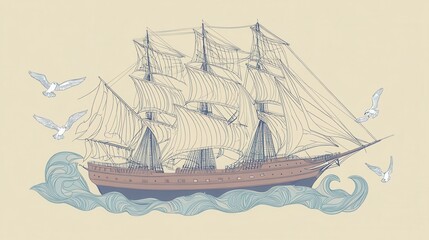 Vintage Sailing Ship Illustration: A Majestic Ocean Vessel with Detailed Line Art