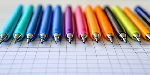 Colorful pens neatly arranged in a row on a white grid-pattern paper background featuring shades of blue green purple orange and black