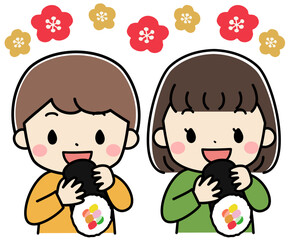 節分で恵方巻を食べる子供たちのイラスト