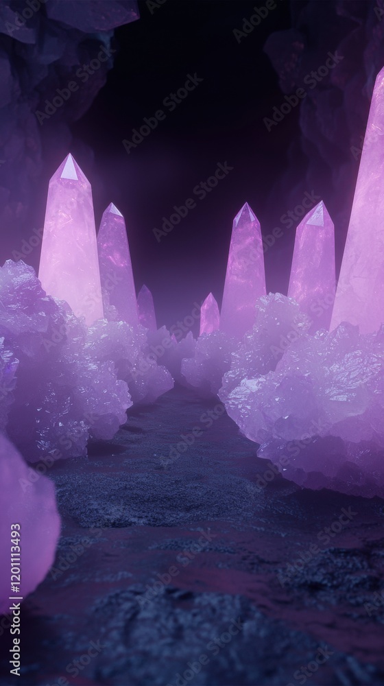Poster group of crystal formations in a dark cave. the crystals are of different sizes and shapes, with som