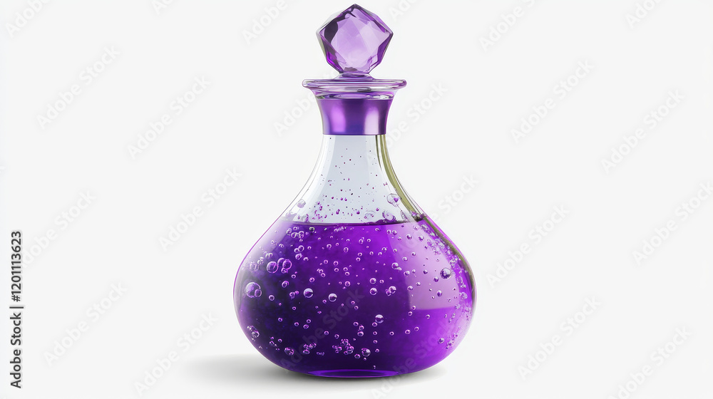 Poster potion bottle vector icon, purple magic elixir in glass flask with air bubbles inside and crystal cu