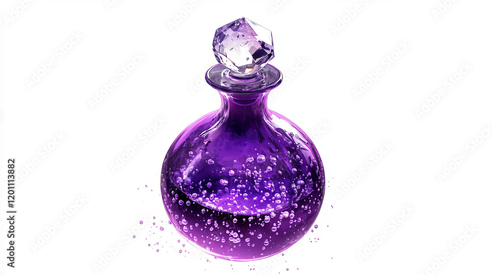 Poster potion bottle vector icon, purple magic elixir in glass flask with air bubbles inside and crystal cu