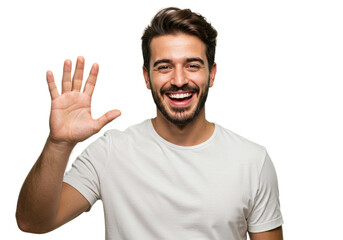 Happy Man Showing Five Fingers Positive Gesture Smiling White TShirt hand male face model black     