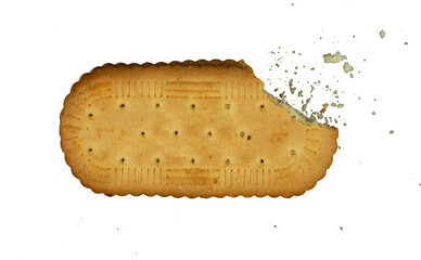 Bite of biscuits with crumbs on white background