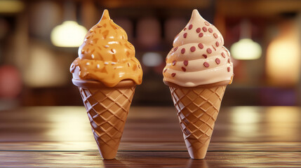 Smiling ice cream cone cartoon character with caramel flavor and sugar waffle for dessert menu design