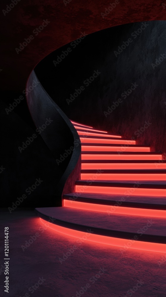 Poster set of stairs in a dark room with a curved staircase on the left side. the stairs are lit up with re