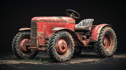 Rusty red tractor, studio shot, dark background, farm equipment