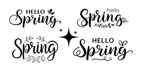hello spring lettering set with hand-drawn floral elements and decorative designs, perfect for seasonal greeting cards, invitations, posters, and digital projects